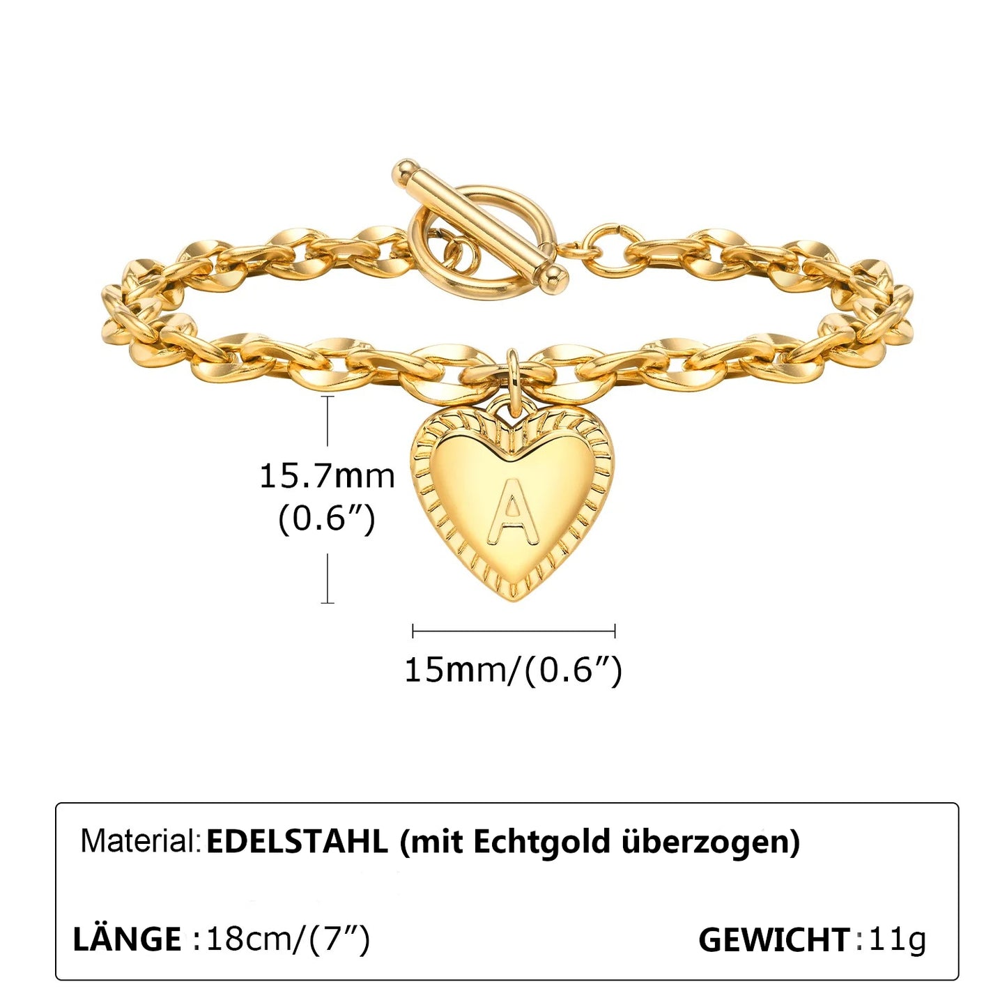 Herz Initialen Armband (Edelstahl mit 14 karätigem Gold überzogen)